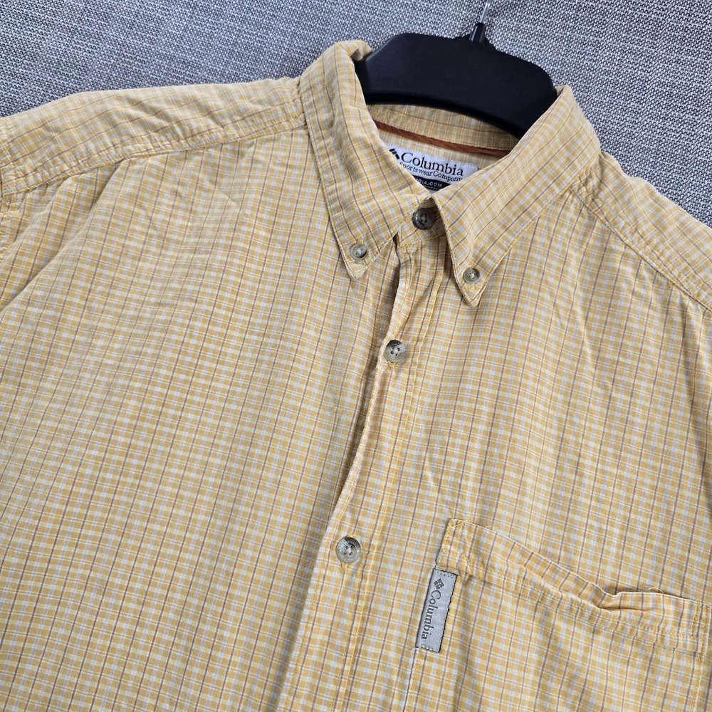 Columbia Shirt Mens Large Yellow Check Short Sleeve Button Down Cotton Casual